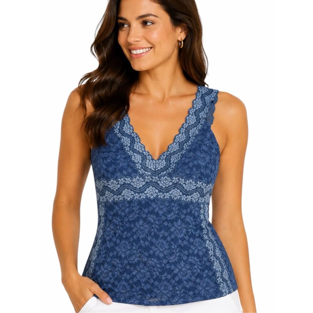 VINTAGE MODA INTERNATIONAL Blue Floral Lace Camisole Tank Top Size Small